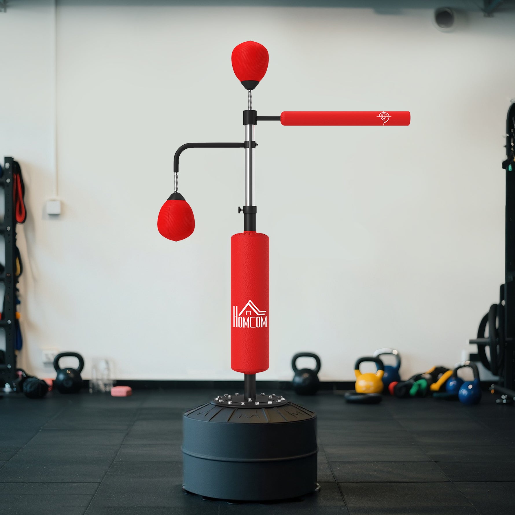 Sac de frappe sur pied 4 en 1 punching ball autonome balles de vitesse barre rotative gants 88 x 50 x 160-230 cm rouge