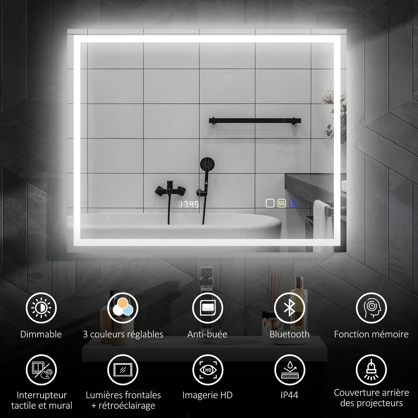 Miroir salle de bain LED bluetooth 80 x 100 cm interrupteur tactile lumière réglable 3 couleurs anti-buée mémoire argent