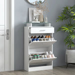 Armoire à Chaussures Meuble rangement Chaussures 2 Portes abattantes 2 Compartiments, tiroir, Plateau en Verre - Bois chêne Blanc