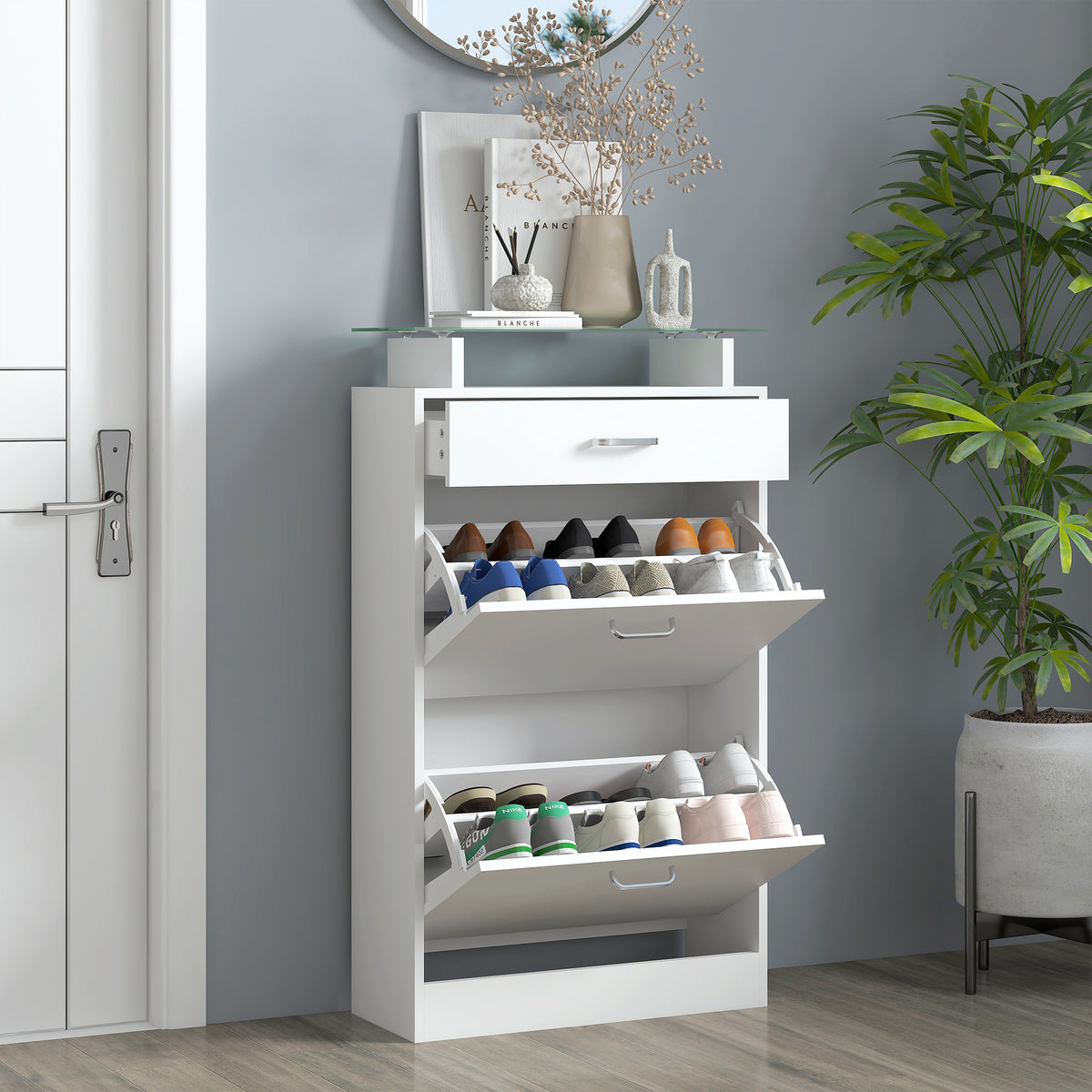 Armoire à Chaussures Meuble rangement Chaussures 2 Portes abattantes 2 Compartiments, tiroir, Plateau en Verre - Bois chêne Blanc