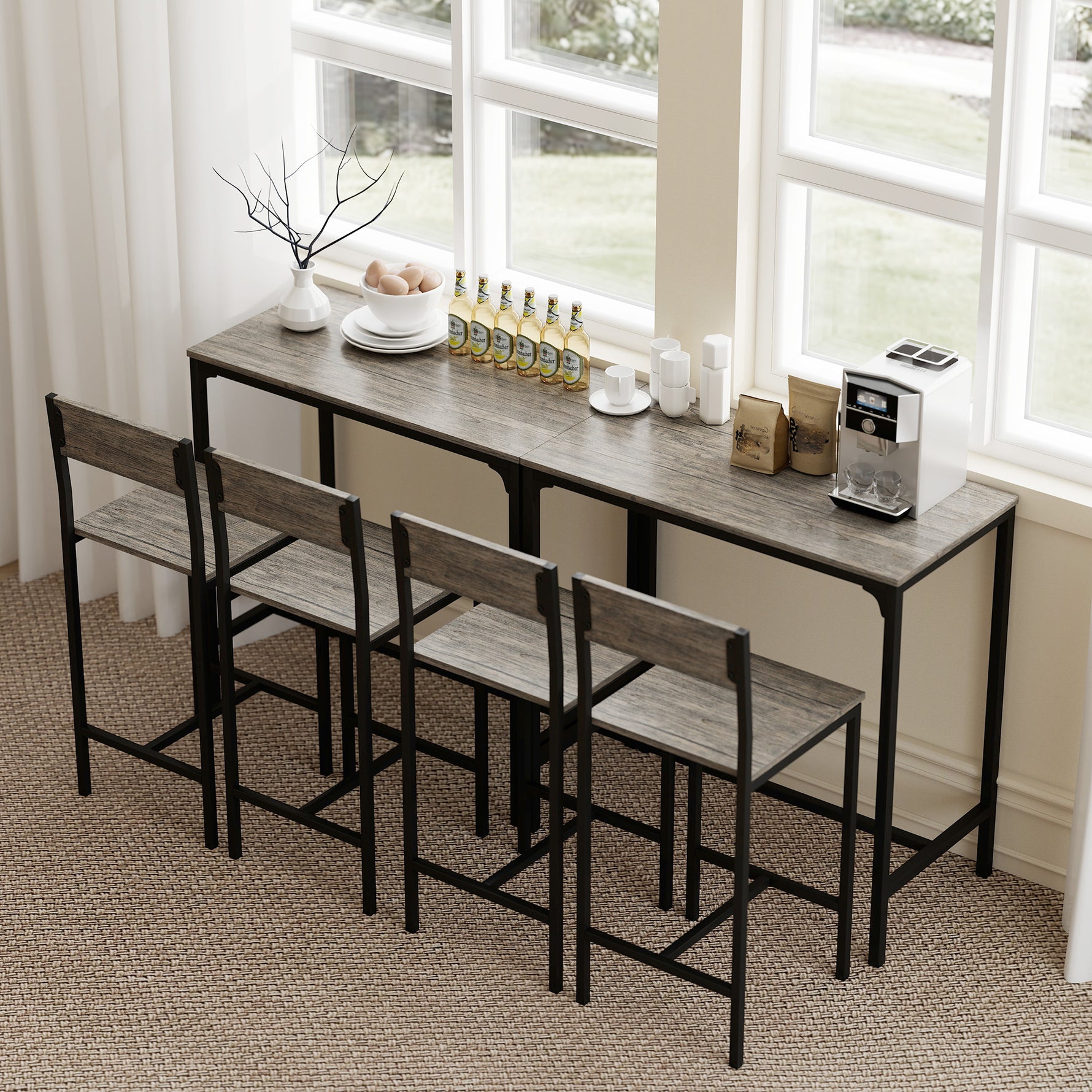 Ensemble table de bar avec tabourets, table à manger debout avec 2 chaises de bar, repose-pieds et dossiers, gris