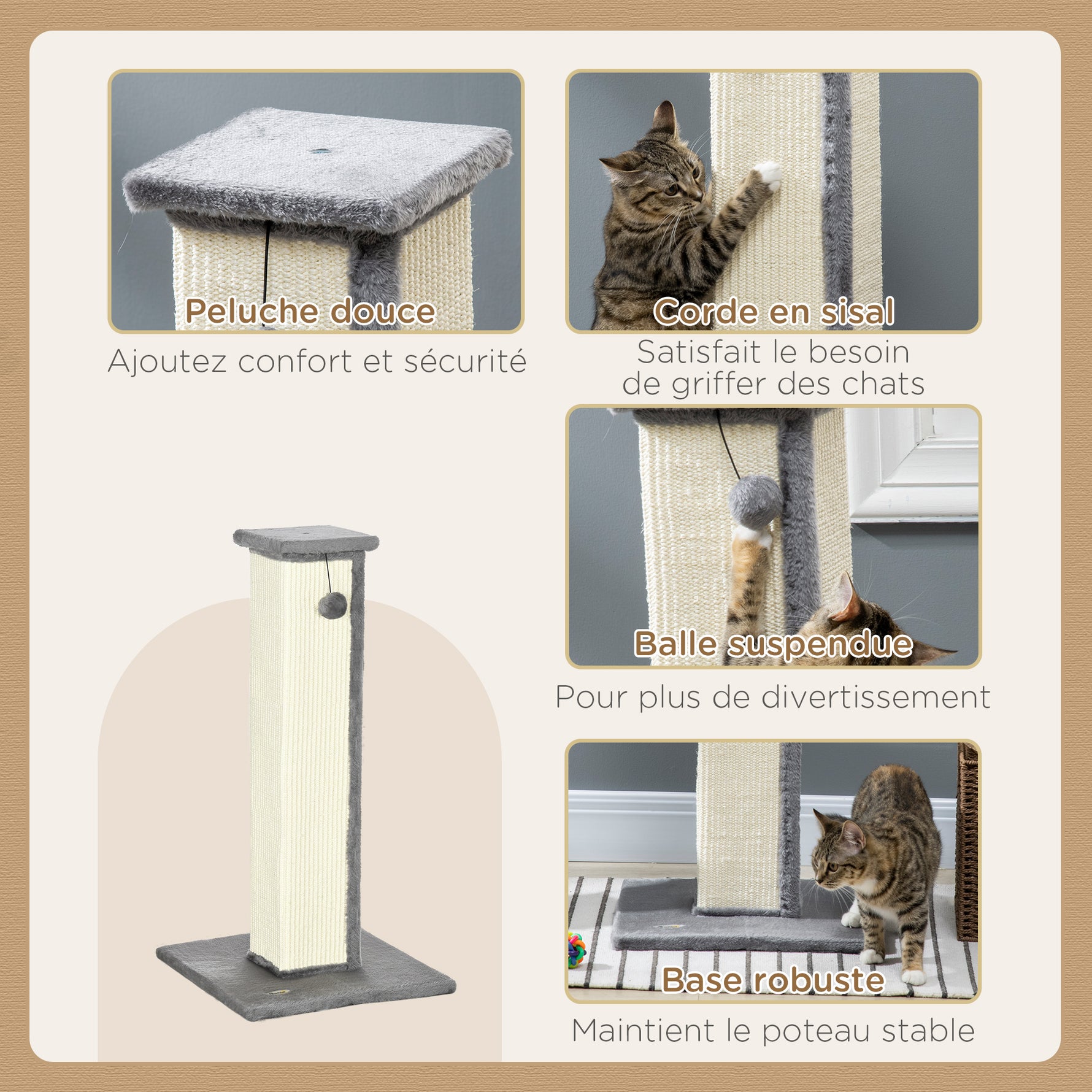 Griffoir pour chat poteau griffoir chat en sisal et peluche, boule suspendue base stable 41 x 41 x 81 cm gris et crème