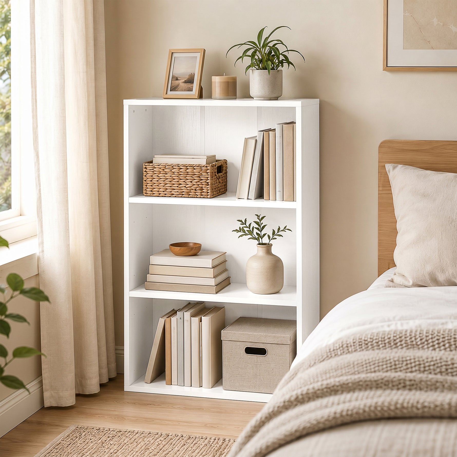 Bibliothèque étagère de rangement avec 3 compartiments et étagère réglable, 60 x 24 x 93 cm, blanc