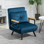Fauteuil convertible 3 en 1 lit 1 place dossier 5 positions, accoudoirs en bois et coussin, tissu effet velours, bleu
