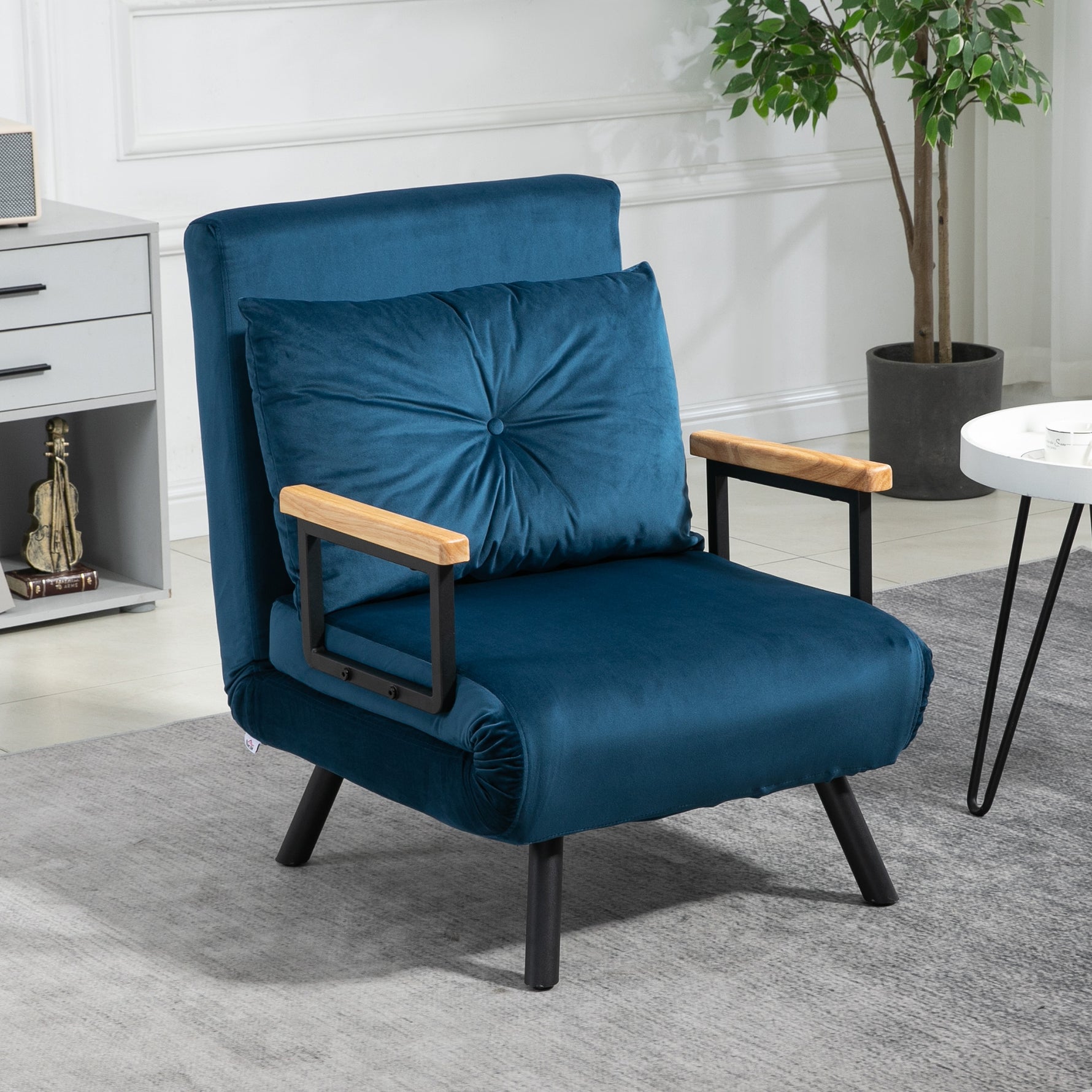 Fauteuil convertible 3 en 1 lit 1 place dossier 5 positions, accoudoirs en bois et coussin, tissu effet velours, bleu