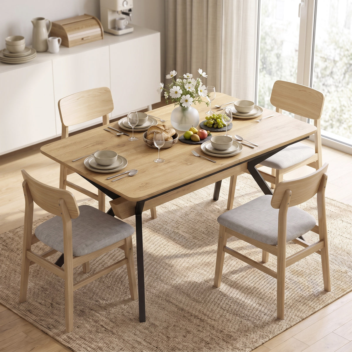Mesa de comedor extensible para 4 a 6 personas, 130-170 cm, mesa de cocina rectangular, bordes redondeados, roble