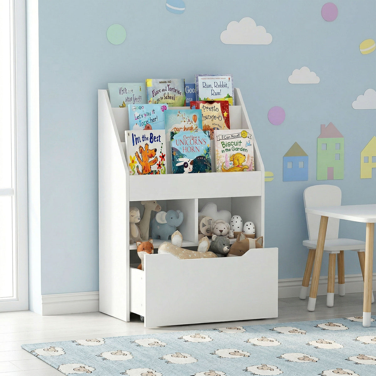 Boekenkast met opbergruimte, 3 planken, 2 nissen, grote lade, hout, wit