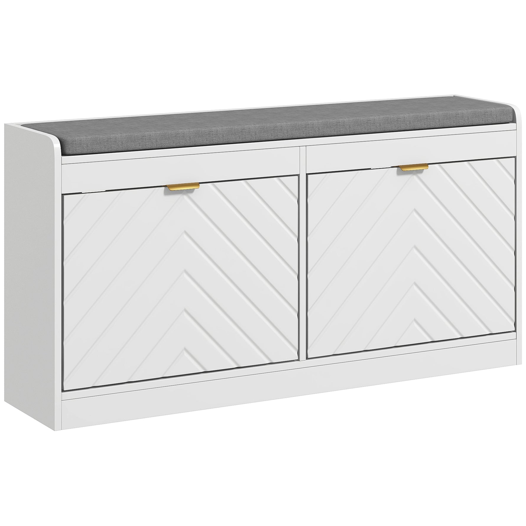 Banc à chaussures, banc de rangement, assise rembourrée, tiroir rabattable, porte avec motif 106 x 24 x 52,5 cm, blanc
