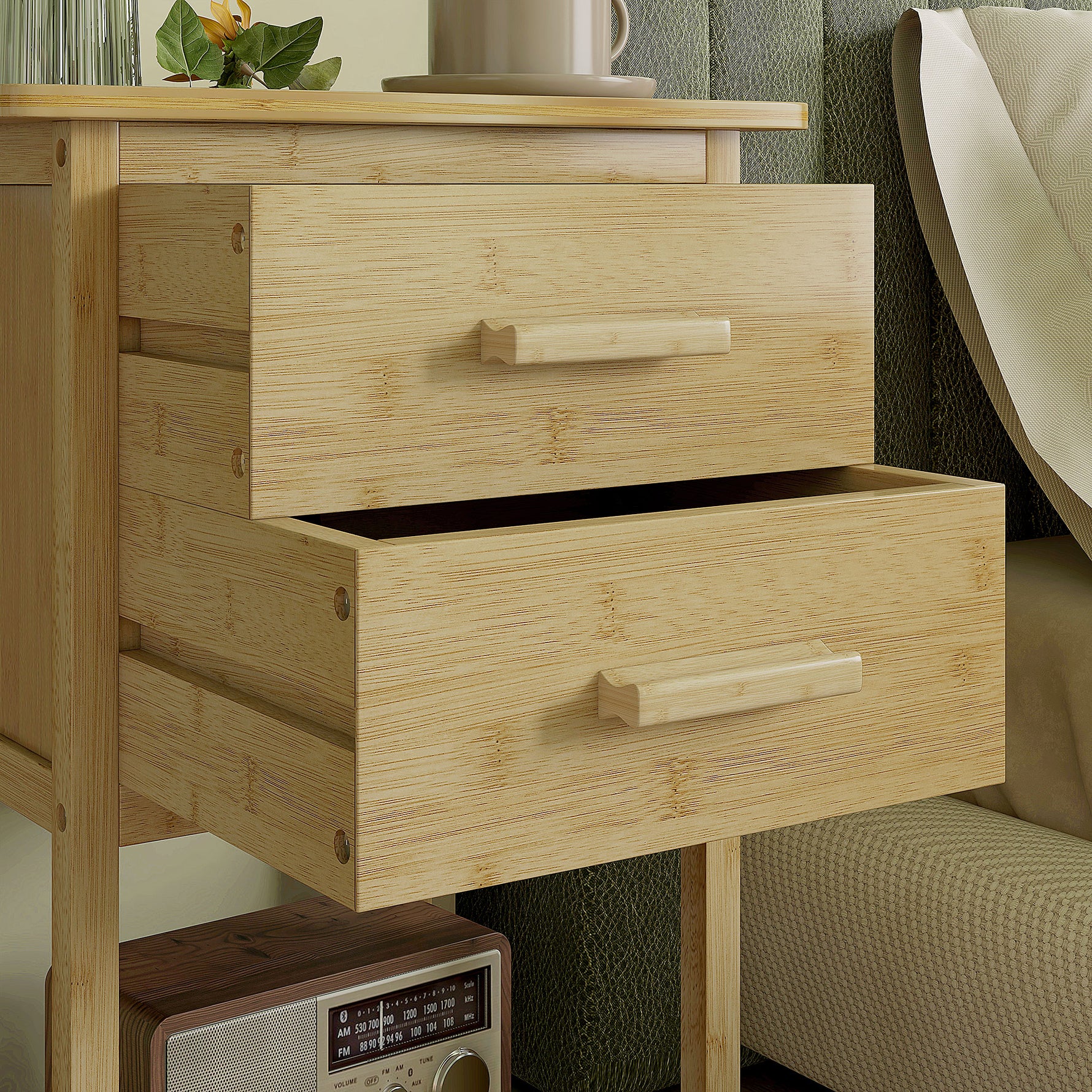 Lot de 2 tables de chevet table de nuit en bambou avec 2 tiroirs et 1 étagère 40 x 34 x 60 cm naturel
