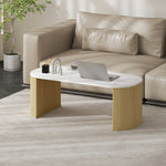 Mesa de centro ovalada, mesa auxiliar con aspecto de mármol, esquinas redondeadas y patas gruesas, 110 x 50 x 40 cm, blanco