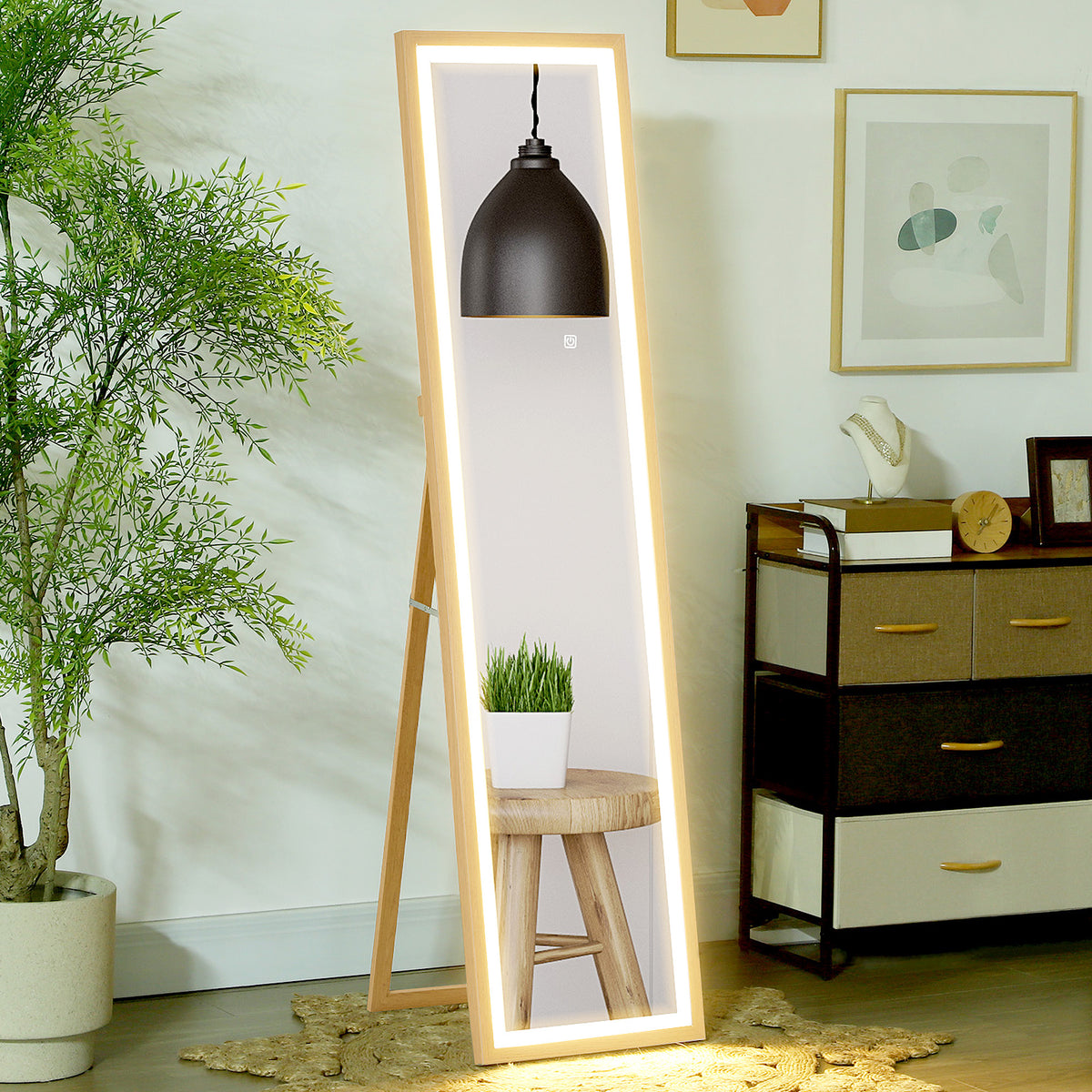Grand miroir pleine longueur, miroir mural ou sur pied rectangulaire, 40 x 160 cm avec éclairage LED 3 couleurs, chêne