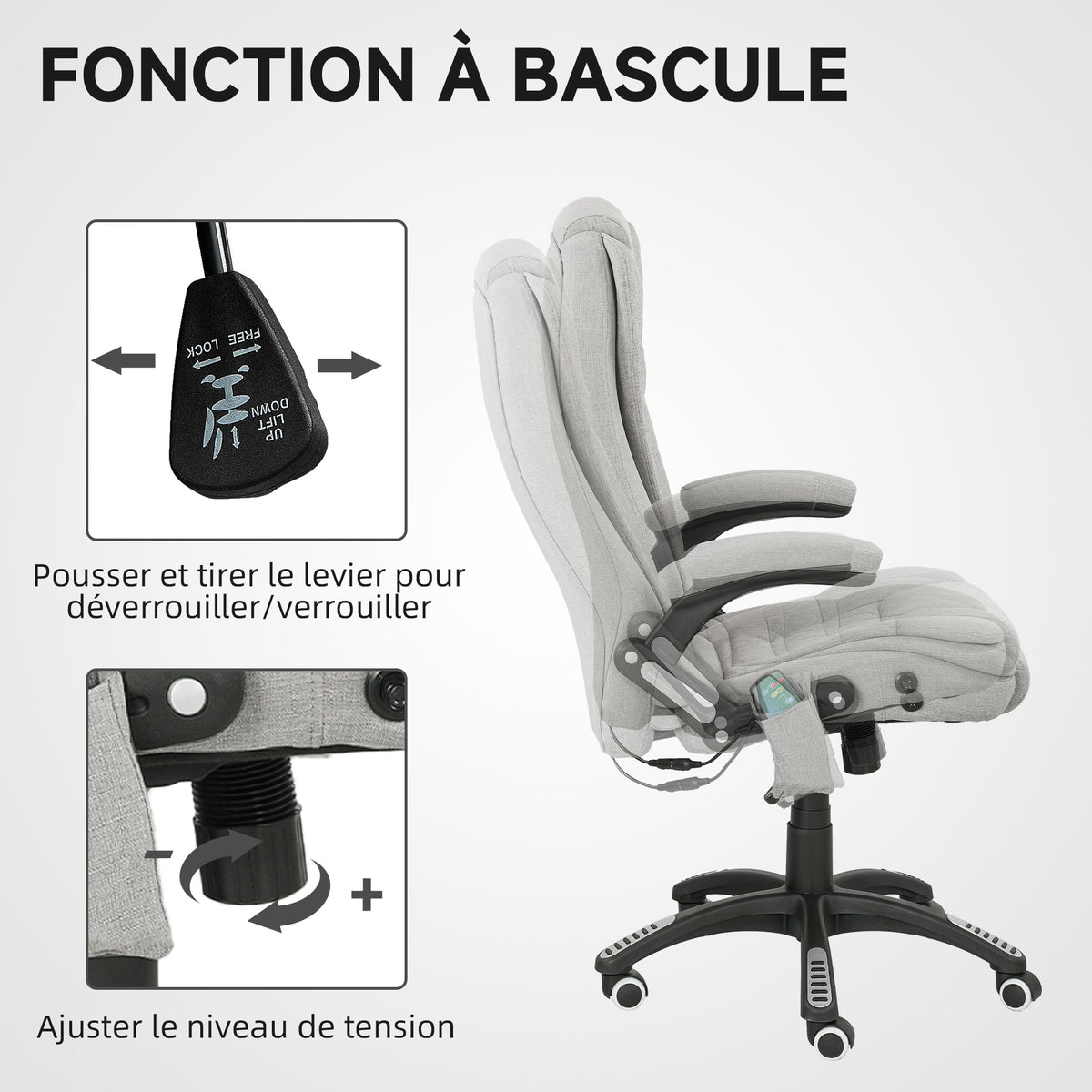Fauteuil de bureau massant et chauffant chaise de bureau avec hauteur réglable dossier inclinable et télécommande gris