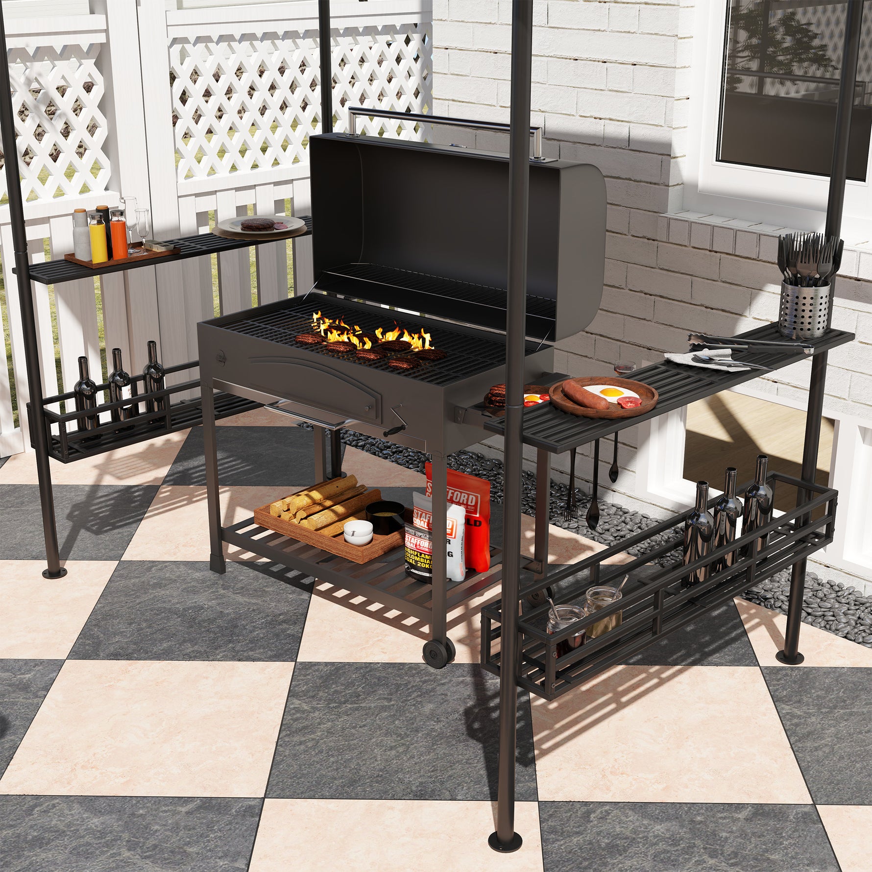 Tonnelle de barbecue auvent de réception pour jardin crochet au plafond étagères et paniers 240 x 150 x 257 cm beige