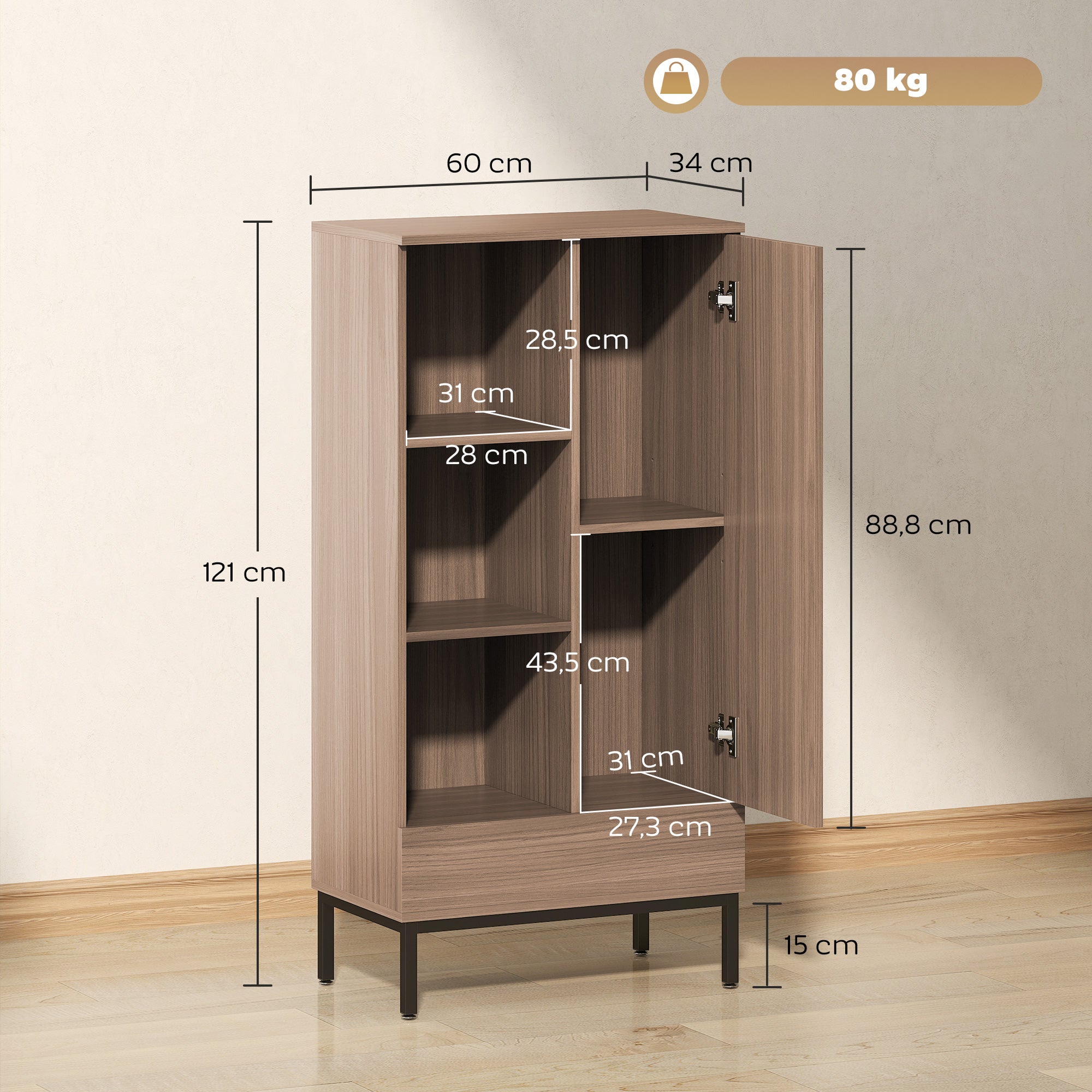 Buffet meuble de rangement avec placard à portes, tiroir, 3 compartiments ouverts et étagères réglables, gris
