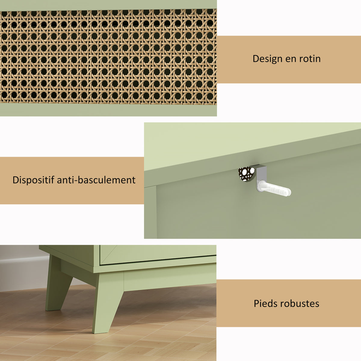 Commode 4 tiroirs meuble de rangement cannage en rotin aspect bois clair 80 x 35 x 95 cm vert