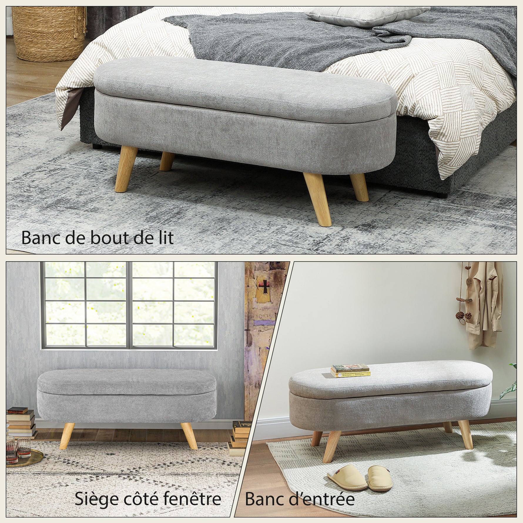 Banc banquette bout de lit coffre de rangement 2 en 1 en tissu avec pieds en bois 110l x 40P x 43H cm gris clair