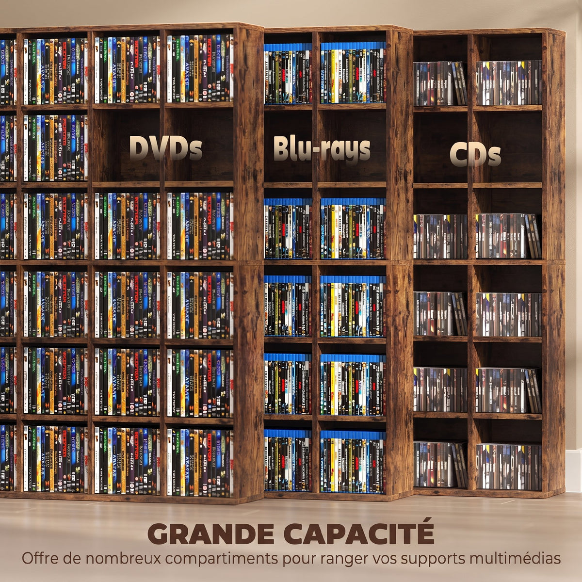Meuble de Rangement 456 CDs / 336 DVDs, Étagère Multimédia, 24 Compartiments et 16 Étagères Ajustables, Marron