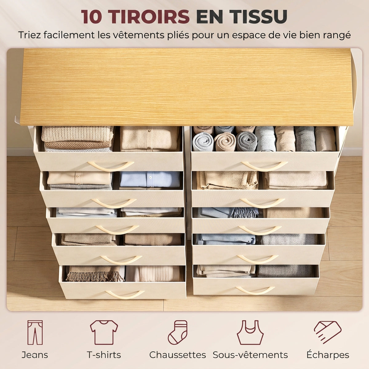 Cassettiera a 10 cassetti in tessuto, mobile contenitore con 4 tasche, 2 ganci, struttura in acciaio, 80 x 30 x 94,5 cm, beige