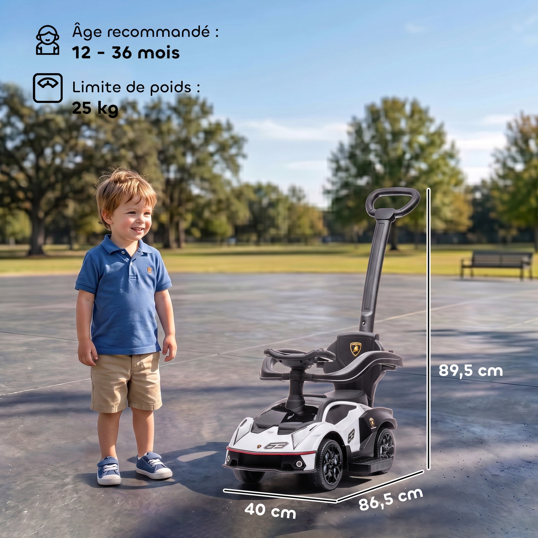 Voiture à pousser pour enfants porteur enfants 1 à 3 ans multi-équipée avec poignée de poussée, klaxon et volant, Blanc