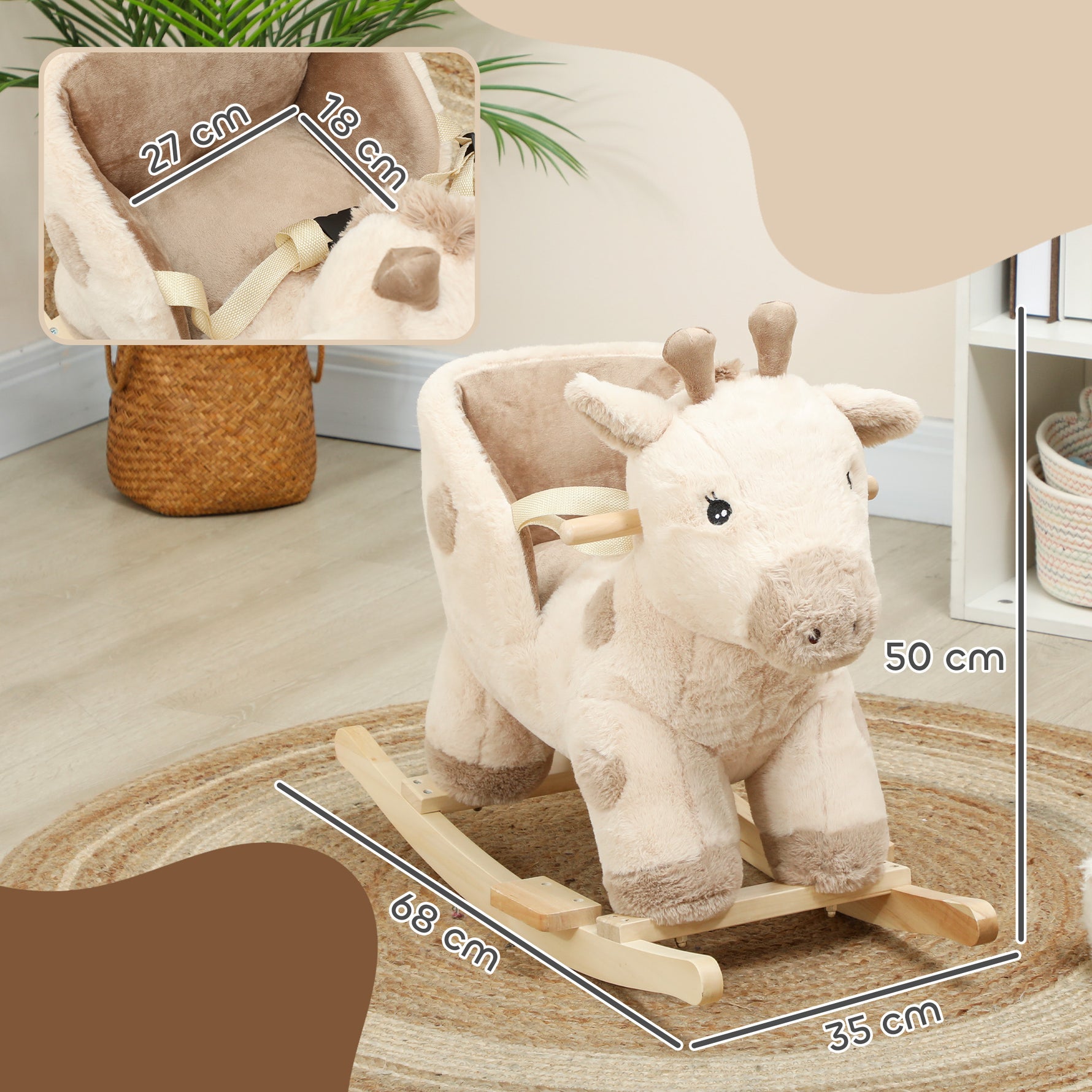 Cheval à bascule pour enfants girafe jouet à bascule bébé avec effet sonore, ceinture de sécurité, 68x35x50cm, beige
