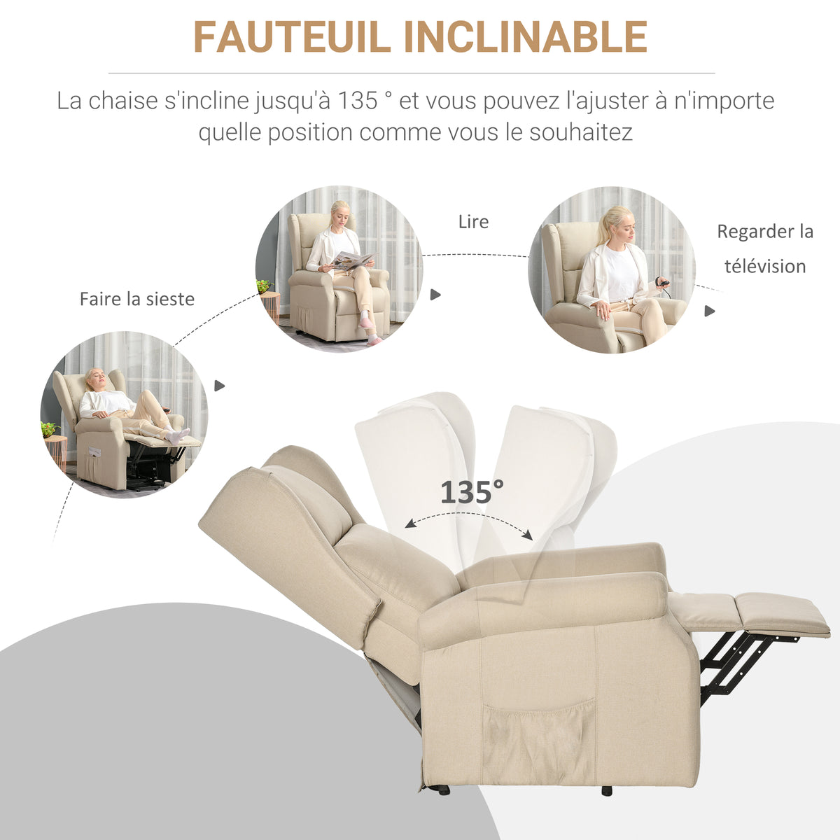 Fauteuil releveur inclinable avec Repose-Pied Fauteuil de Relaxation électrique Ajustable Lin Crème
