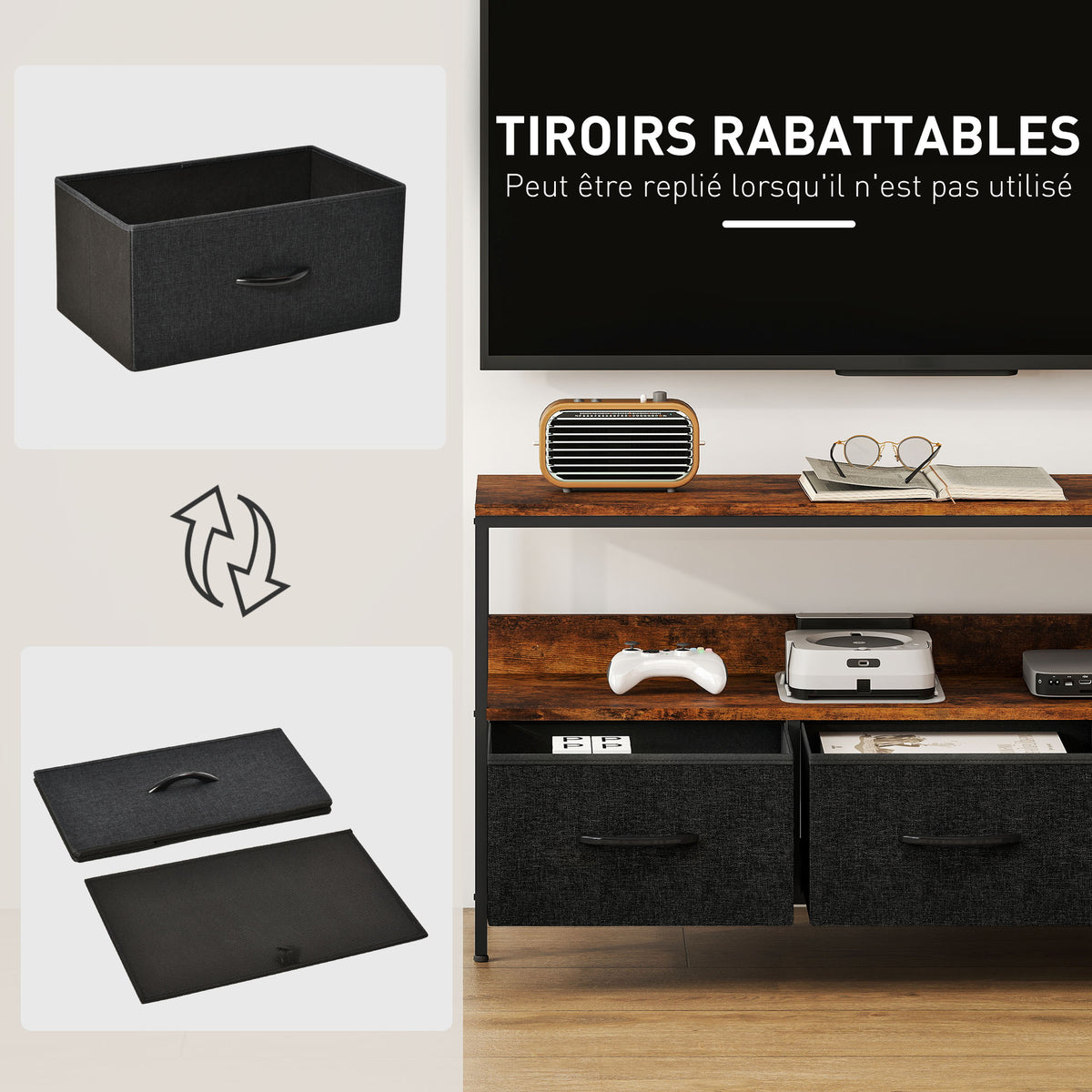 Meuble TV, meuble télé pour téléviseur jusqu'à 55 pouces avec 3 tiroirs et pieds en acier 120 x 29 x 56 cm brun rustique