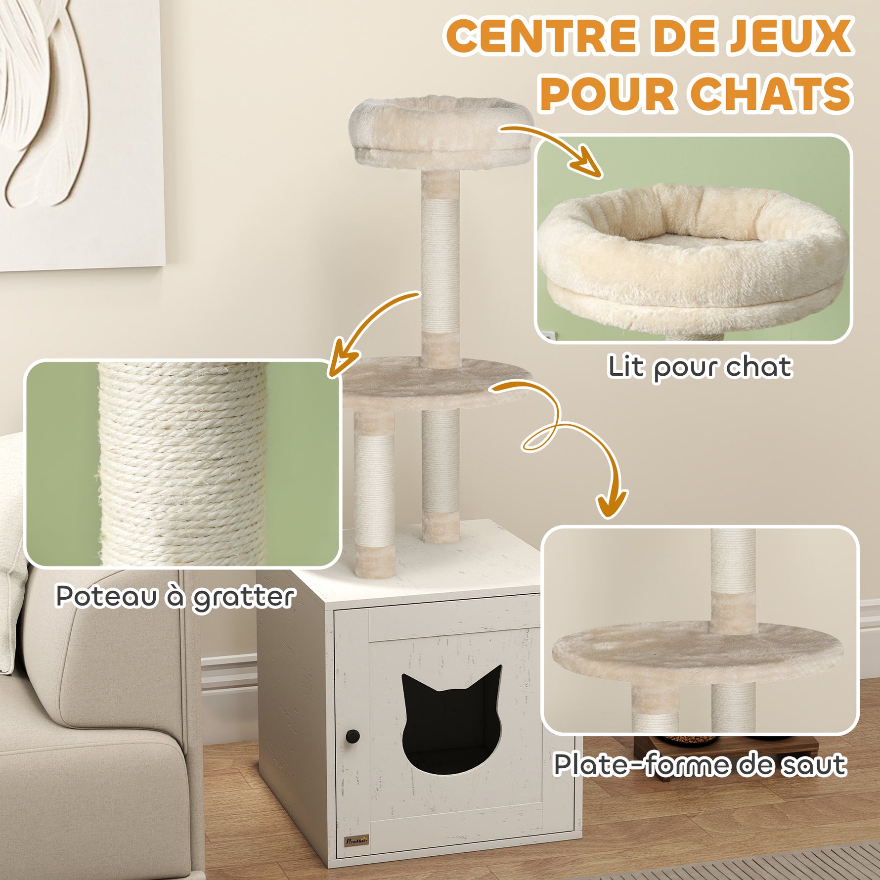 Arbre à chat avec maison de toilettes, tour de jeu 2-en-1 de 129 cm avec cache-litière, poteaux à griffer, crème