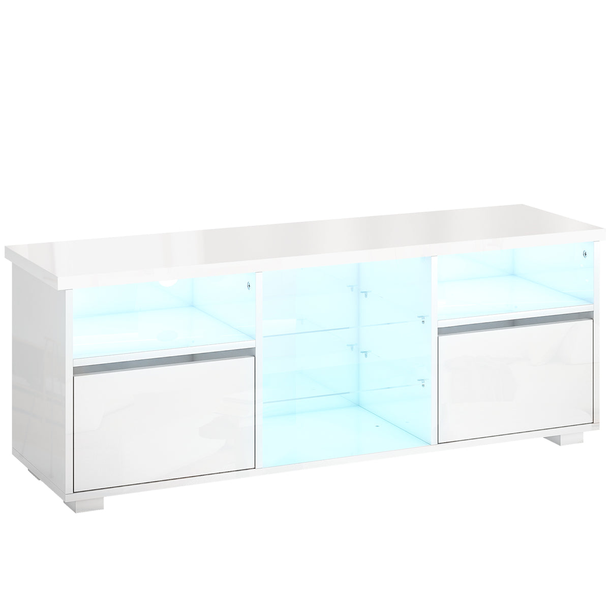 Meuble TV 120 cm, meuble télé pour téléviseur jusqu'à 55 pouces éclairage LED et télécommande étagères en verre blanc