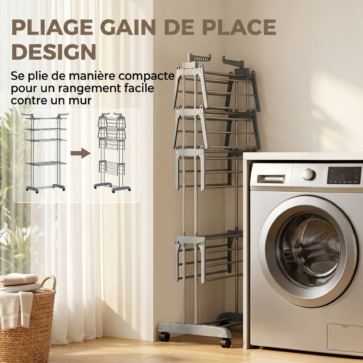 Séchoir à linge pliable 4 niveaux avec roulettes, étendoir linge intérieur avec ailes latérales, cadre en acier, gris