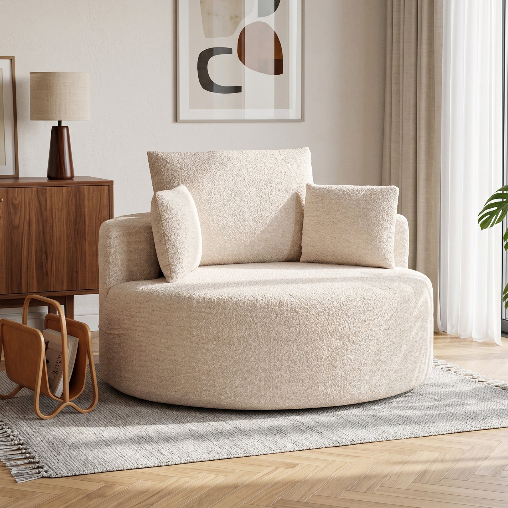 Pouf Canapé Rond en Chenille, Grande Assise, 2 Coussins, 1 Dossier, 1 Traversin, Charge 250kg, 130x130x82cm, Crème