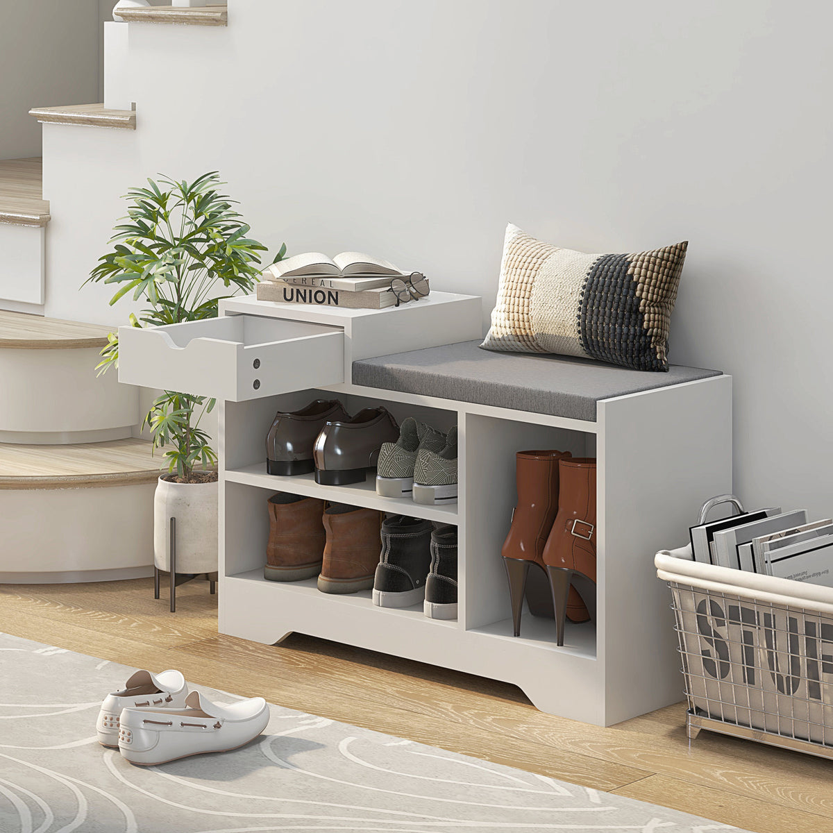 Mueble zapatero y banco con 1 cajón y 3 compartimentos, capacidad 5 pares, MDF, 76,5L x 30P x 52A cm