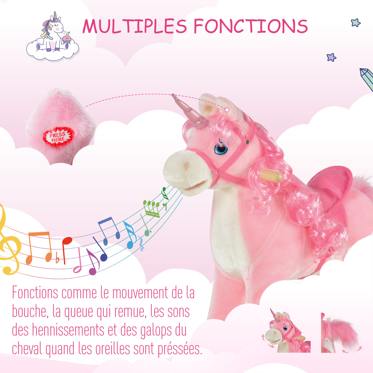 Cheval à Bascule modèle Licorne avec Sons Authentiques Selle Grand Confort Bois de peuplier Rose dim. L74 x l33 x 62H cm