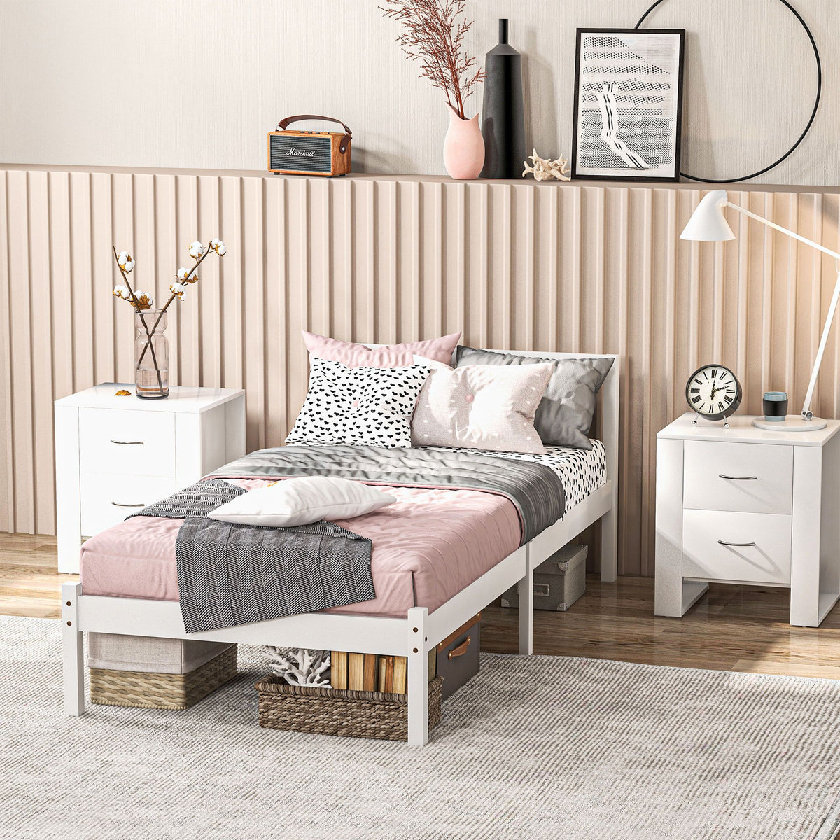 Estructura de cama de madera maciza 90x190 cm, cama individual con cabecero y somier de láminas resistente para niños y adultos