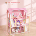 Casa delle Bambole in Legno per Bambini, Casa dei Sogni per Bambine a 3 Piani con Balcone, Scale e 10 Accessori, Rosa