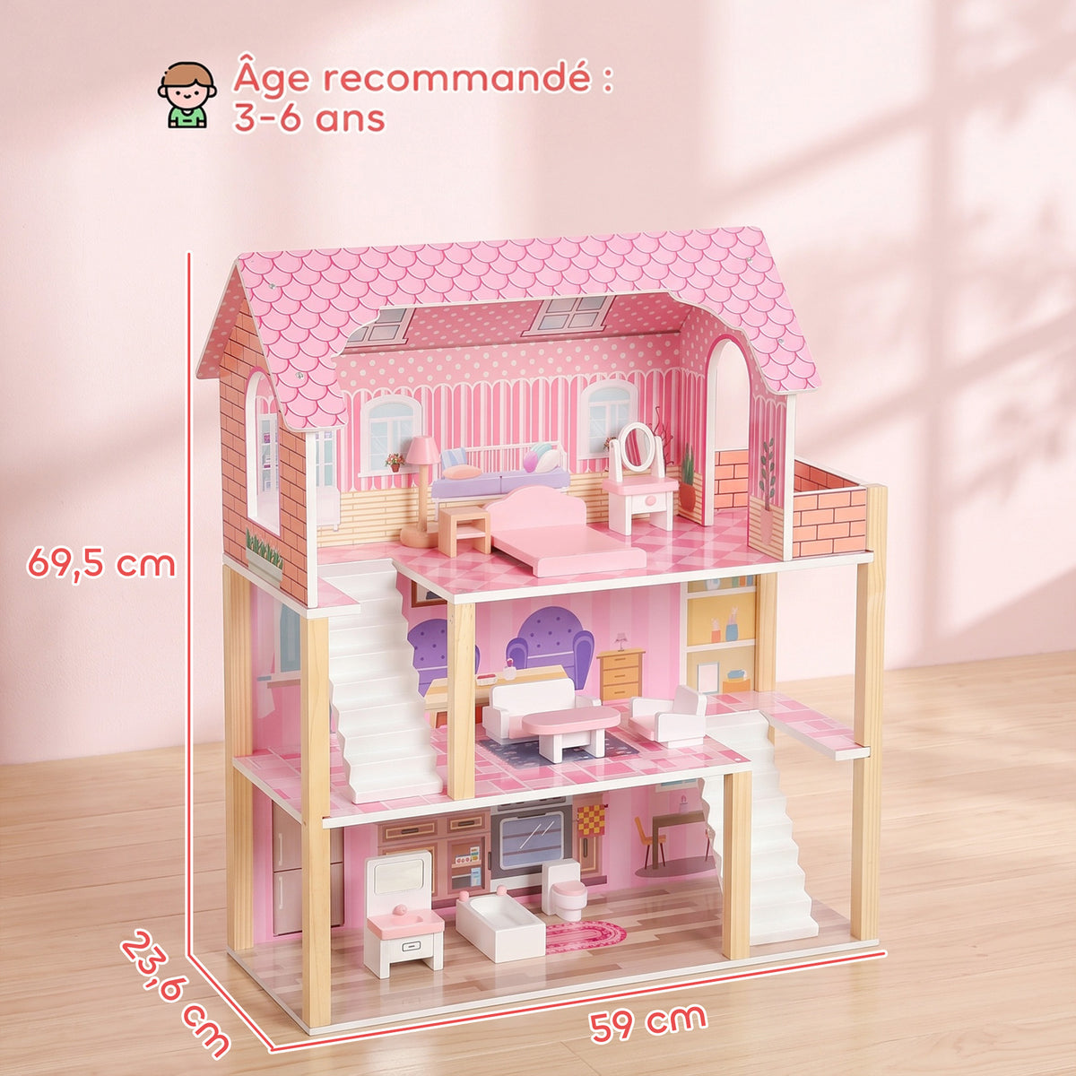 Casa delle Bambole in Legno per Bambini, Casa dei Sogni per Bambine a 3 Piani con Balcone, Scale e 10 Accessori, Rosa