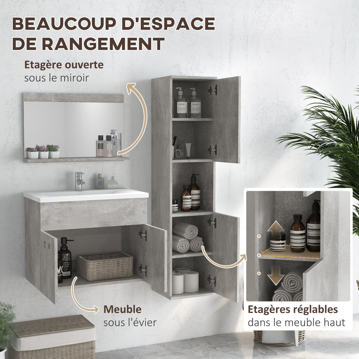 Ensemble de Meubles de Salle de Bain 4 Pièces, Mural, avec Miroir, Meuble sous Vasque, Lavabo et Armoire Haute, gris
