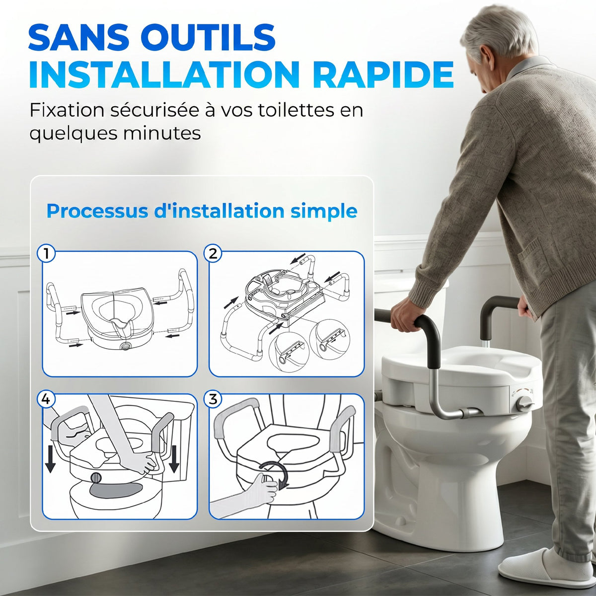 Rehausseur de siège de toilettes avec poignées, largeur réglable, accoudoirs rembourrés, blanc