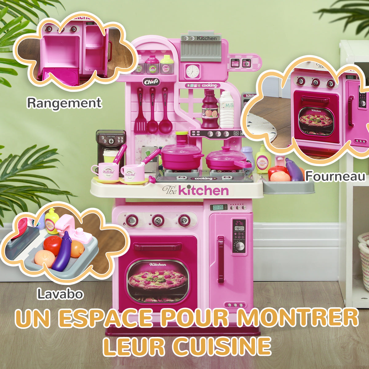 Cuisine enfant accessoires 33 PCS jouet d'imitation pour enfant dinette enfant 3-6 ans lumières et sons réalistes rose