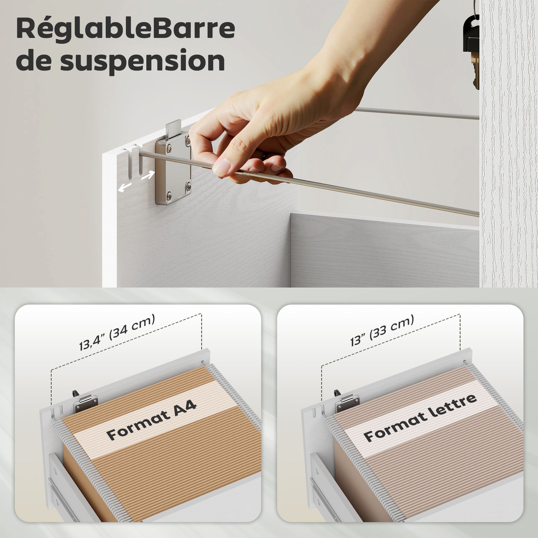 Caisson de Bureau Mobile avec 3 Tiroirs Verrouillables, Caisson de Rangement sur Roulettes, 40 x 40 x 69,5 cm, Blanc