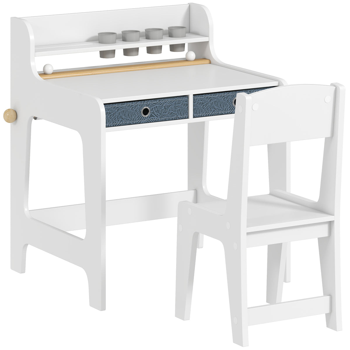 Kinderschreibtisch mit Stuhl, Kindertisch und Stuhl mit 2 Stoffschubladen und Getränkehalter, 62,8x55,6x73,8cm, weiß