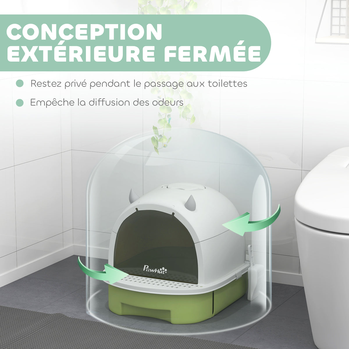 Maison de toilette pour chat bac à litière fermé chat poignée de transport porte translucide 40,5 x 52 x 39 cm vert