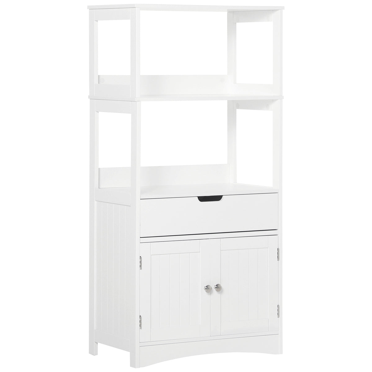 Meuble de Rangement Salle de Bain - 2 Portes, tiroir, 3 étagères - dim. 60L x 33l x 122H cm - MDF Blanc