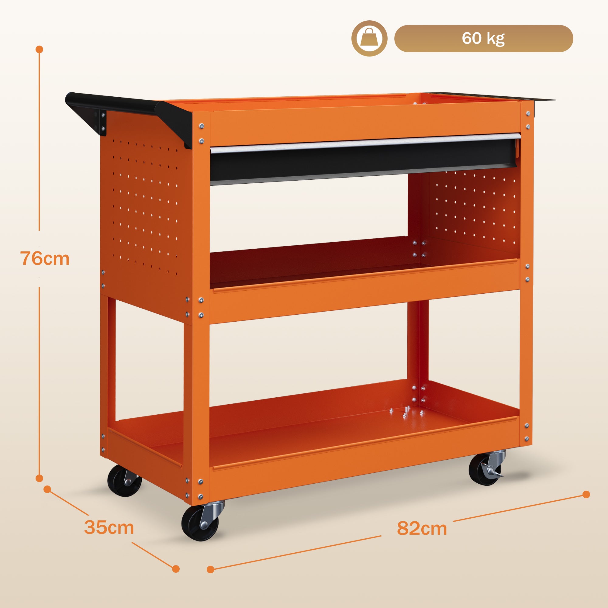 Chariot d'atelier servante atelier à 3 niveaux avec tiroir, porte-outils latéral et poignée, 82x35x76 cm, orange