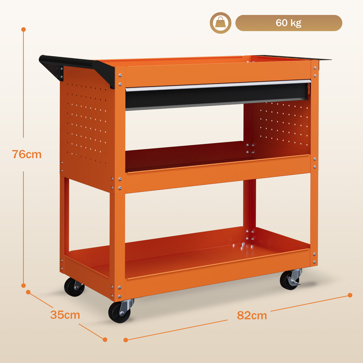 Chariot d'atelier servante atelier à 3 niveaux avec tiroir, porte-outils latéral et poignée, 82x35x76 cm, orange