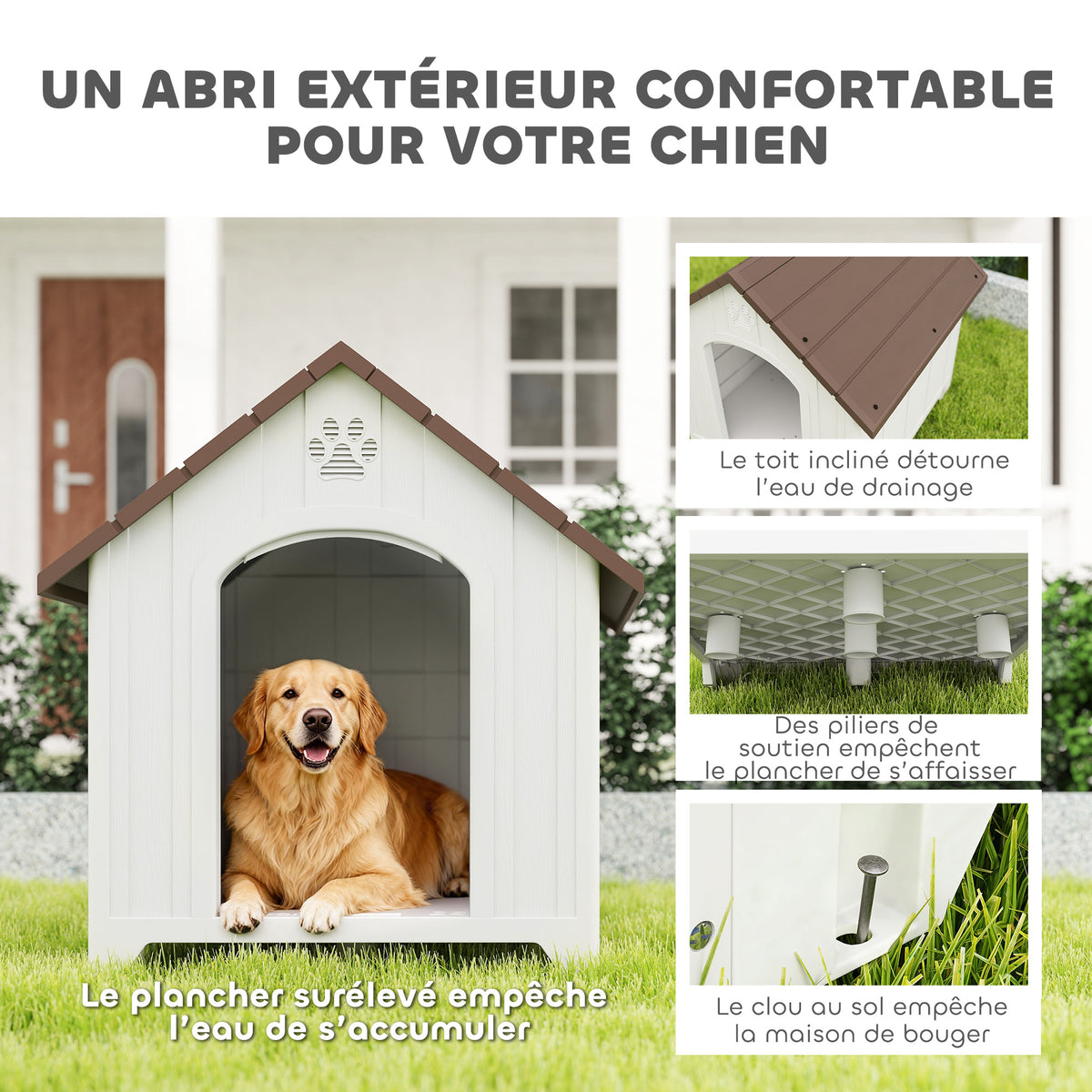 Niche pour chien extérieur, maison chien en polypropylène imperméable, ventilé, plancher surélevé, gris clair