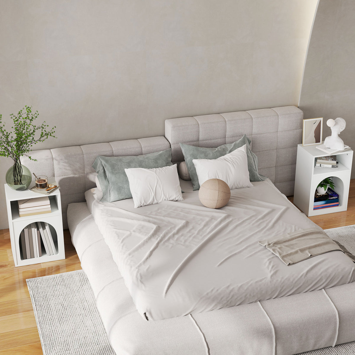 Lot de 2 tables de chevet, table de nuit avec compartiments ouverts, design arqué, 40 x 30 x 60 cm, blanc
