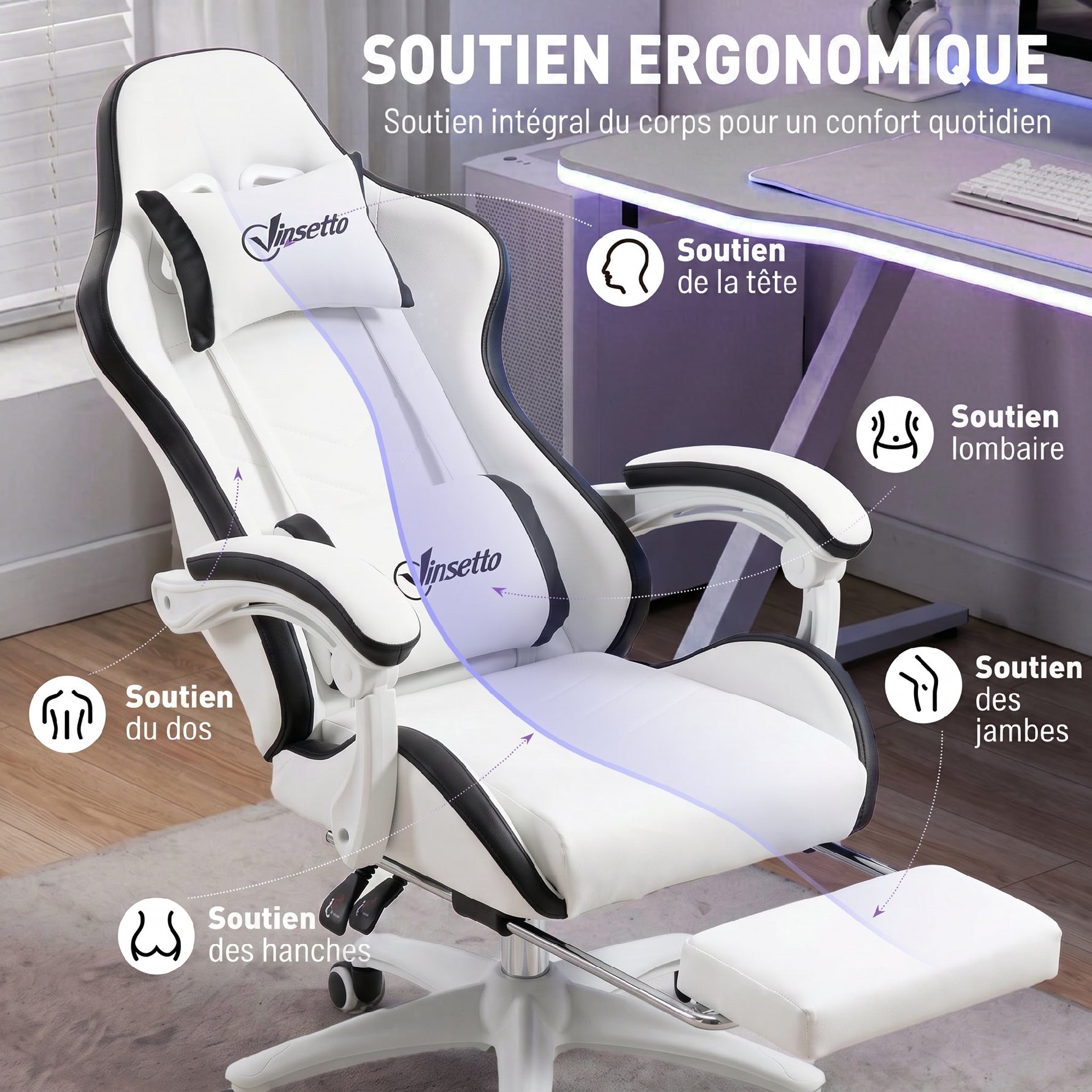 Siège gaming fauteuil gaming dossier inclinable 135° avec appui-tête repose-pieds 65l x 65P x 121-129H cm blanc et noir