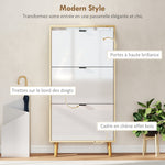 Meuble à chaussures, armoire à chaussures étroite, 3 tiroirs rabattables, porte haute brillante, 60x24x127cm, blanc