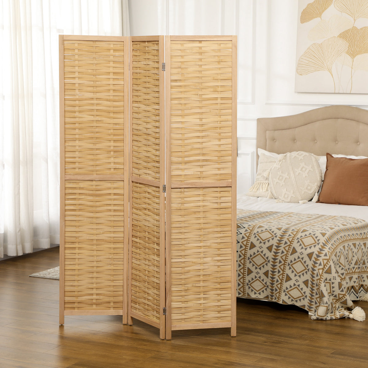 Paravento in legno divisorio pieghevole 3 pannelli in bambù 120 x 170 cm naturale chiaro