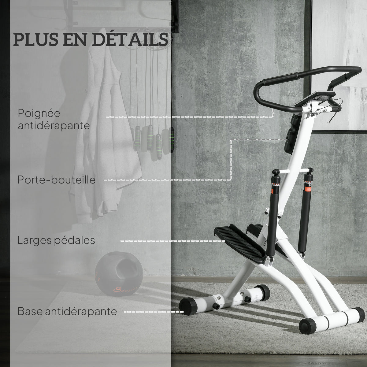 Stepper avec guidon 12 niveaux de résistance réglables, écran LCD, 2 roues et pédales antidérapantes, blanc et noir